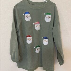 Women’s Olive Green Santa Embroidered Corduroy Holiday Sweatshirt